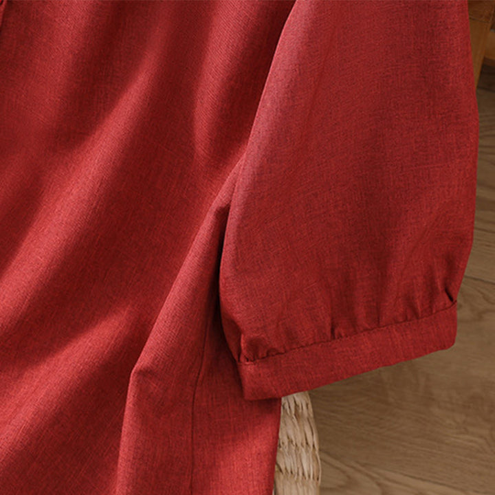 Camisa de lino y algodón con cuello redondo y botones lisos para mujer, manga tres cuartos, con diseño de Buddha Stones - image 2