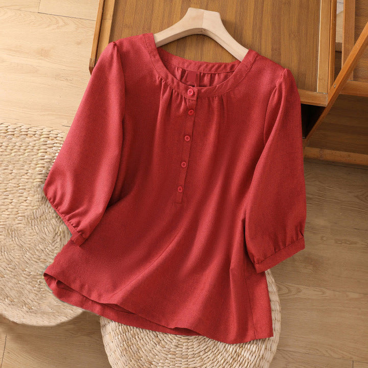 Camisa de lino y algodón con cuello redondo y botones lisos para mujer, manga tres cuartos, con diseño de Buddha Stones - Ladrillo refractario - US14，UK/AU18，EU46 (2XL) - image 0