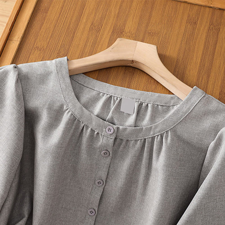 Camisa de lino y algodón con cuello redondo y botones lisos para mujer, manga tres cuartos, con diseño de Buddha Stones - image 6