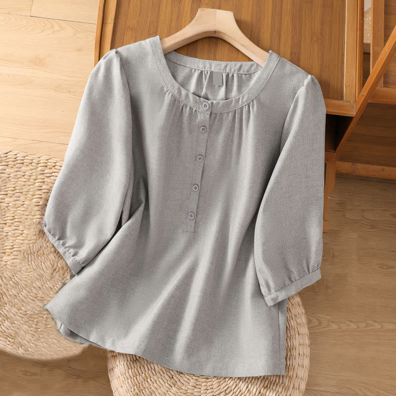 Camisa de lino y algodón con cuello redondo y botones lisos para mujer, manga tres cuartos, con diseño de Buddha Stones - Celeste - US14，UK/AU18，EU46 (2XL) - image 3