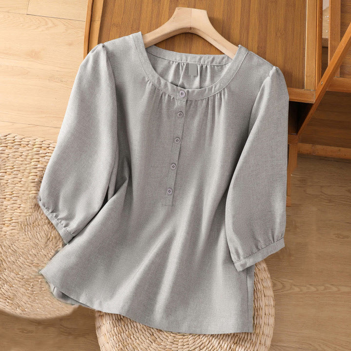 Camisa de lino y algodón con cuello redondo y botones lisos para mujer, manga tres cuartos, con diseño de Buddha Stones - Celeste - US14，UK/AU18，EU46 (2XL) - image 3
