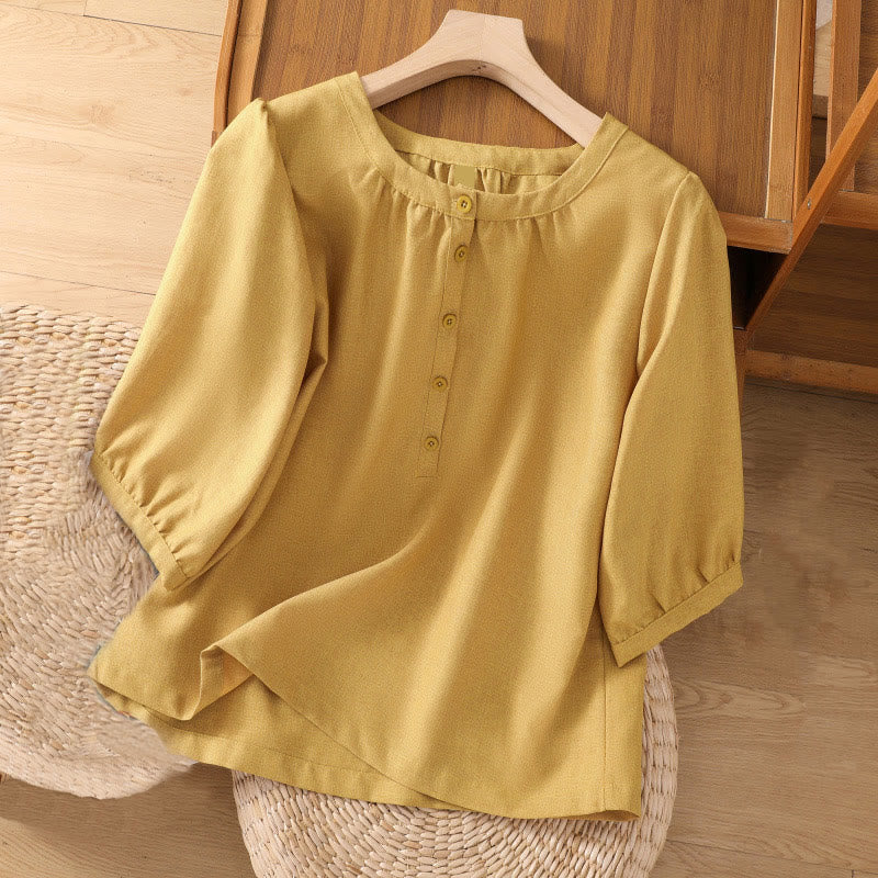 Camisa de lino y algodón con cuello redondo y botones lisos para mujer, manga tres cuartos, con diseño de Buddha Stones - Caqui - US14，UK/AU18，EU46 (2XL) - image 7