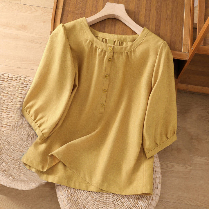 Camisa de lino y algodón con cuello redondo y botones lisos para mujer, manga tres cuartos, con diseño de Buddha Stones - Caqui - US14，UK/AU18，EU46 (2XL) - image 7