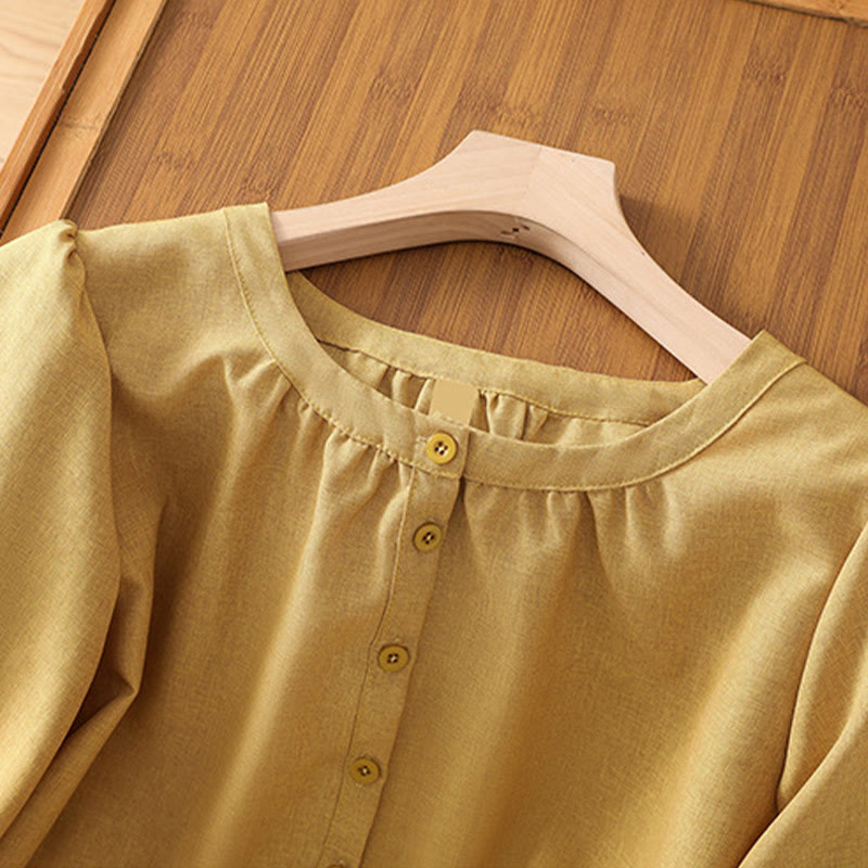 Camisa de lino y algodón con cuello redondo y botones lisos para mujer, manga tres cuartos, con diseño de Buddha Stones - image 10