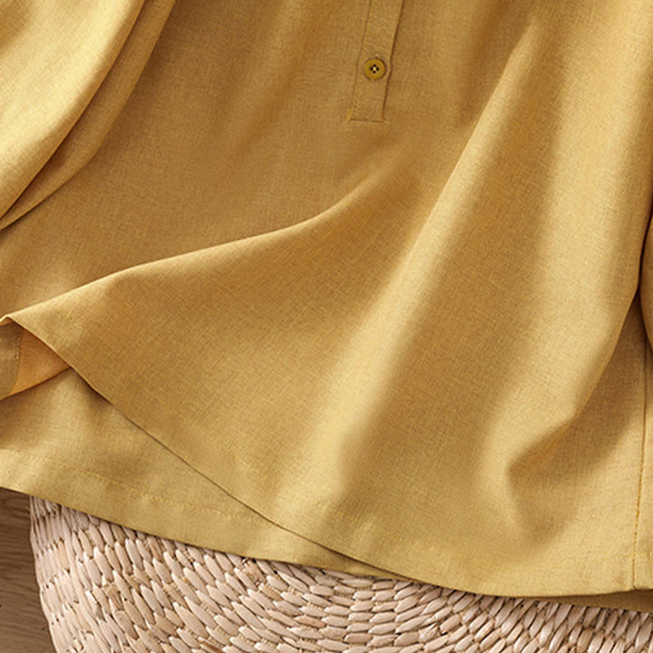 Camisa de lino y algodón con cuello redondo y botones lisos para mujer, manga tres cuartos, con diseño de Buddha Stones - image 11