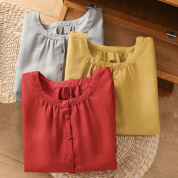 Camisa de lino y algodón con cuello redondo y botones lisos para mujer, manga tres cuartos, con diseño de Buddha Stones - image 13