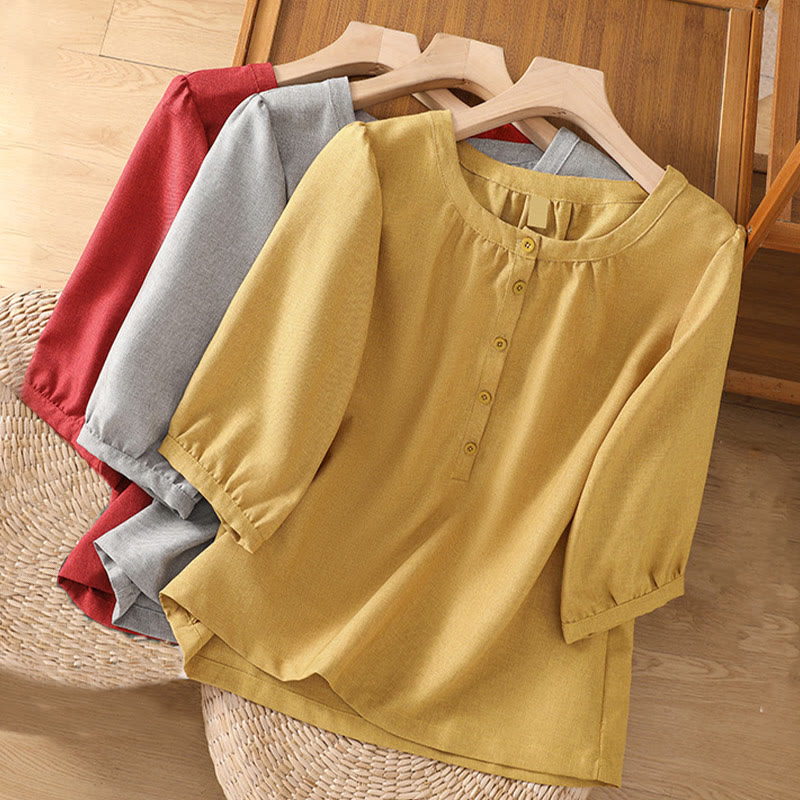 Camisa de lino y algodón con cuello redondo y botones lisos para mujer, manga tres cuartos, con diseño de Buddha Stones - image 12