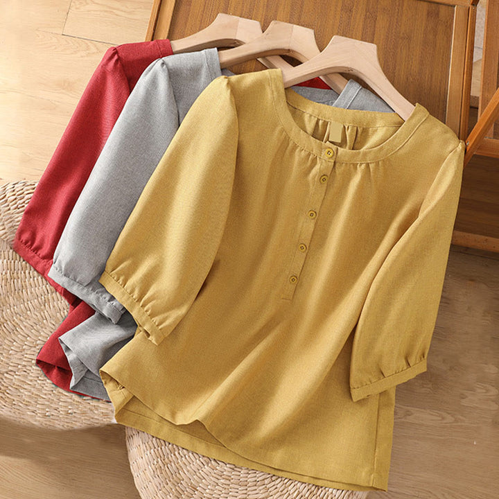 Camisa de lino y algodón con cuello redondo y botones lisos para mujer, manga tres cuartos, con diseño de Buddha Stones - image 12