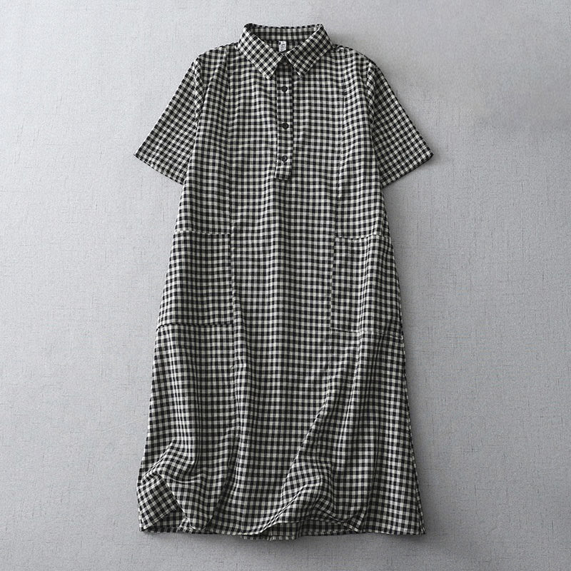 Vestido midi informal de algodón con solapa, manga corta y bolsillos, estampado a cuadros vintage de Buddha Stones - Negro - US8-10，UK/AU12-14，EU40-42 (2XL) - image 0