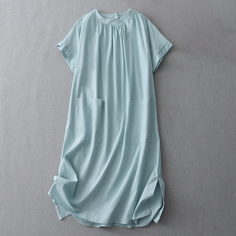 Vestido midi informal de algodón y lino con estampado de Buddha Stones, color liso, botones en la espalda, cuello redondo y manga corta, con bolsillos. - Turquesa pálido - US14，UK/AU18，EU46 (2XL) - image 0