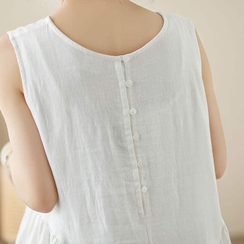 Vestido midi de algodón sin mangas con diseño informal de Buddha Stones , estampado floral blanco, botones en la espalda y bolsillos - image 7