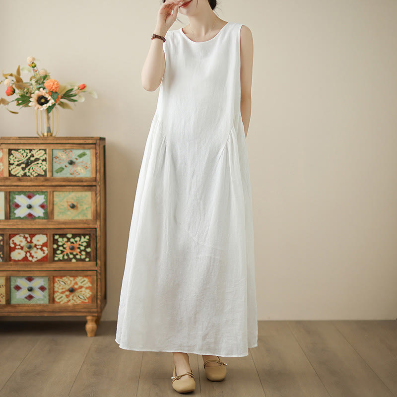 Vestido midi de algodón sin mangas con diseño informal de Buddha Stones , estampado floral blanco, botones en la espalda y bolsillos - image 2