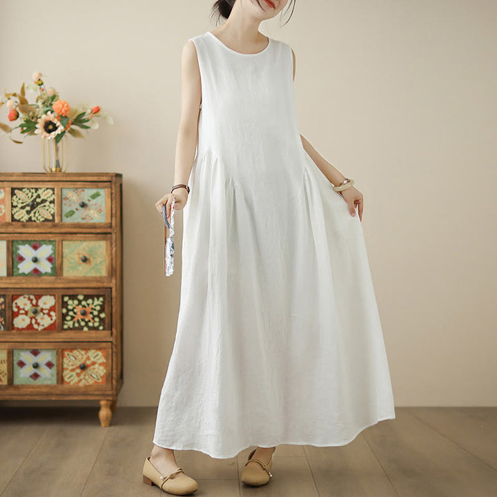Vestido midi de algodón sin mangas con diseño informal de Buddha Stones , estampado floral blanco, botones en la espalda y bolsillos - image 5