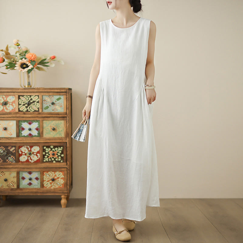 Vestido midi de algodón sin mangas con diseño informal de Buddha Stones , estampado floral blanco, botones en la espalda y bolsillos - FloralBlanco - US8-10，UK/AU12-14，EU40-42 (2XL) - image 0