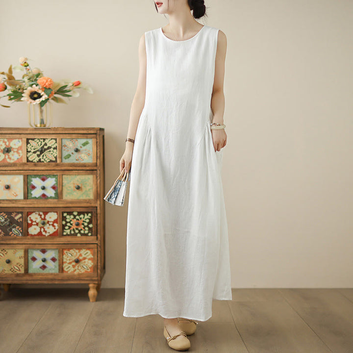 Vestido midi de algodón sin mangas con diseño informal de Buddha Stones , estampado floral blanco, botones en la espalda y bolsillos - FloralBlanco - US8-10，UK/AU12-14，EU40-42 (2XL) - image 0