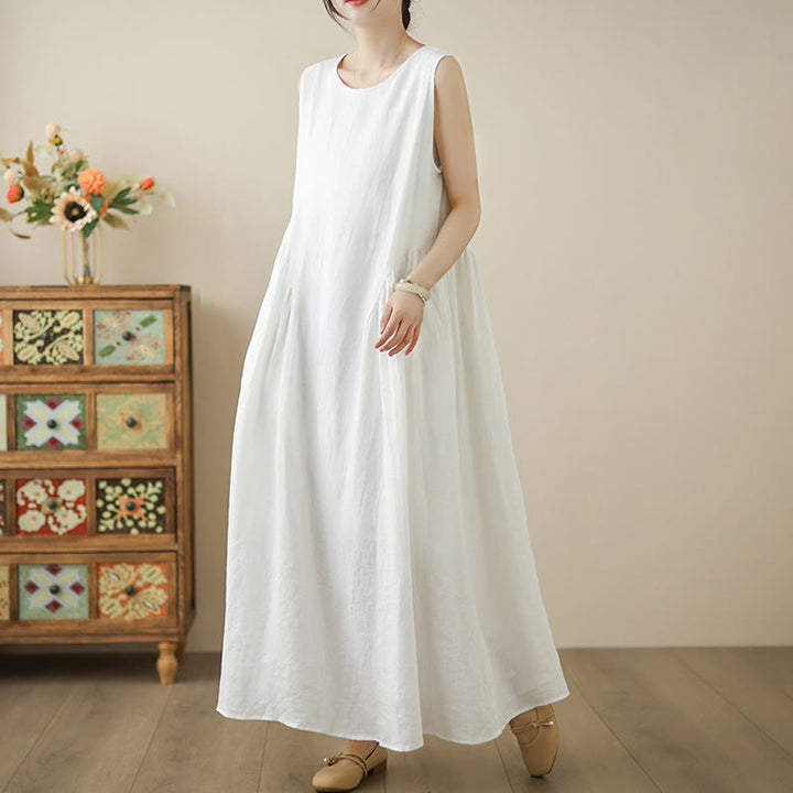 Vestido midi de algodón sin mangas con diseño informal de Buddha Stones , estampado floral blanco, botones en la espalda y bolsillos - image 3