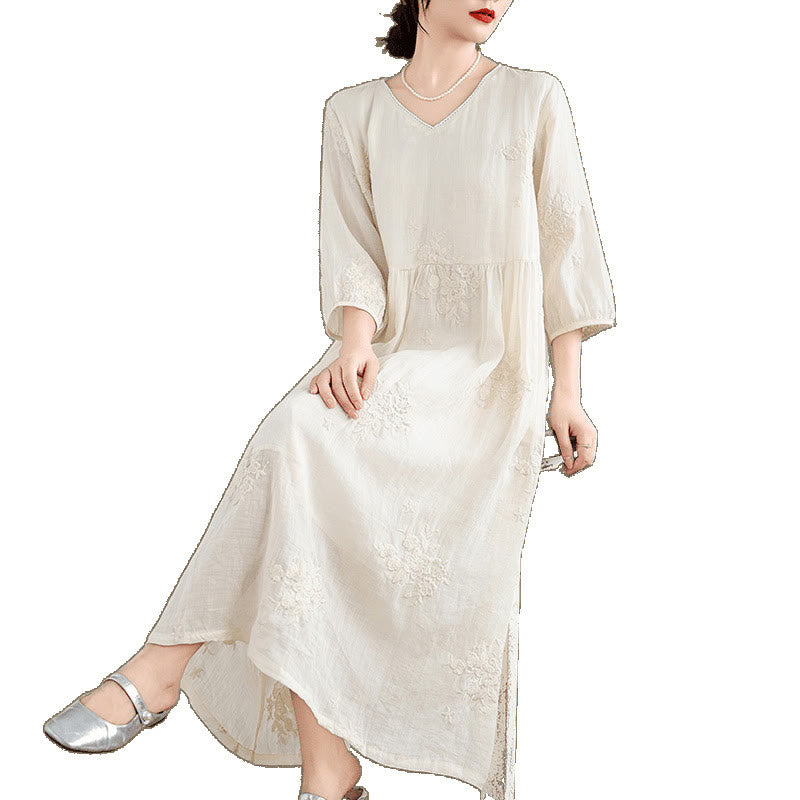 Vestido midi de lino y algodón con mangas tres cuartos, bordado informal en beige con Buddha Stones y bolsillos - image 11