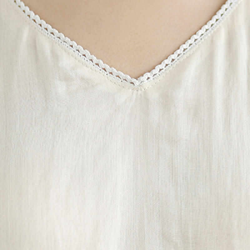 Vestido midi de lino y algodón con mangas tres cuartos, bordado informal en beige con Buddha Stones y bolsillos - image 7