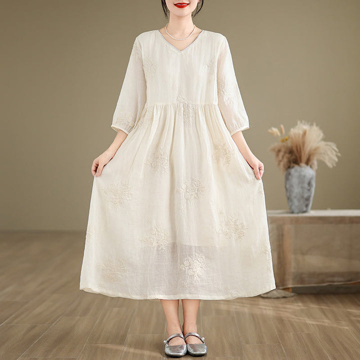 Vestido midi de lino y algodón con mangas tres cuartos, bordado informal en beige con Buddha Stones y bolsillos - image 3