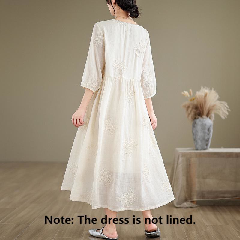 Vestido midi de lino y algodón con mangas tres cuartos, bordado informal en beige con Buddha Stones y bolsillos - image 1