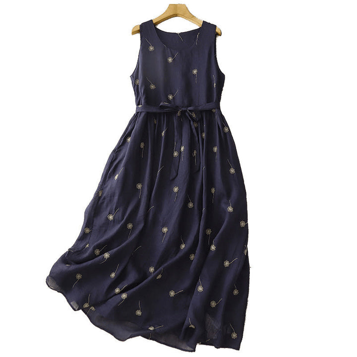 Vestido midi sin mangas de algodón con estampado de Buddha Stones en azul medianoche, diseño con cordones y bolsillos. - image 10