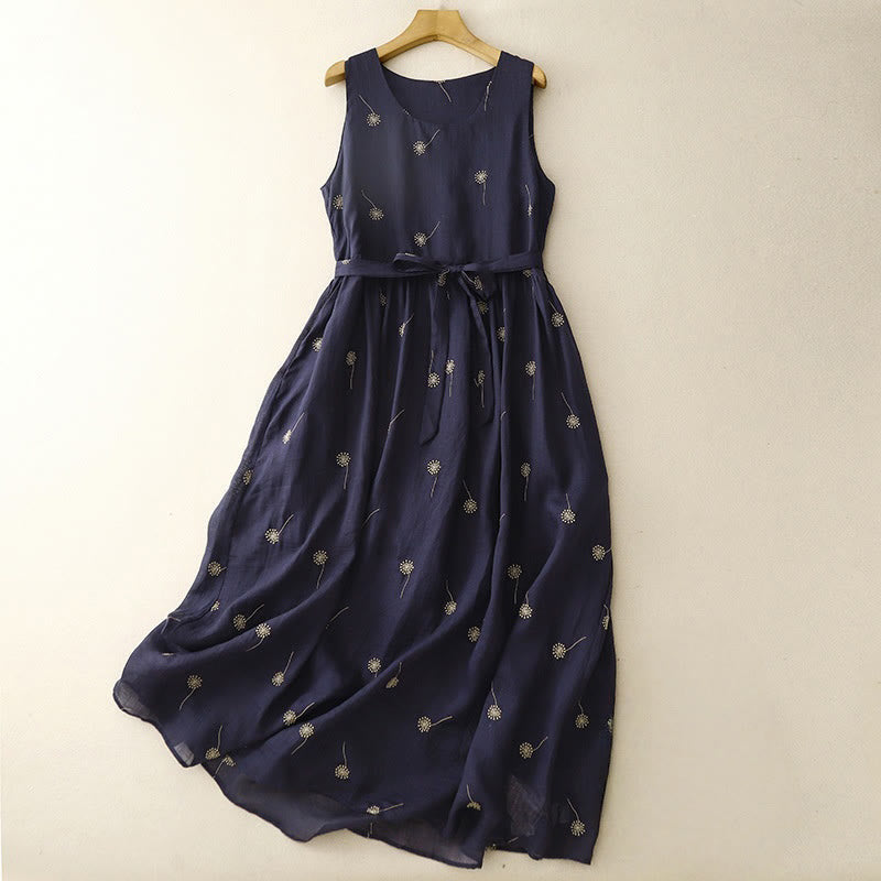 Vestido midi sin mangas de algodón con estampado de Buddha Stones en azul medianoche, diseño con cordones y bolsillos. - Azul medianoche - US8-10，UK/AU12-14，EU40-42 (2XL) - image 0