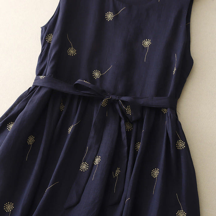 Vestido midi sin mangas de algodón con estampado de Buddha Stones en azul medianoche, diseño con cordones y bolsillos. - image 7