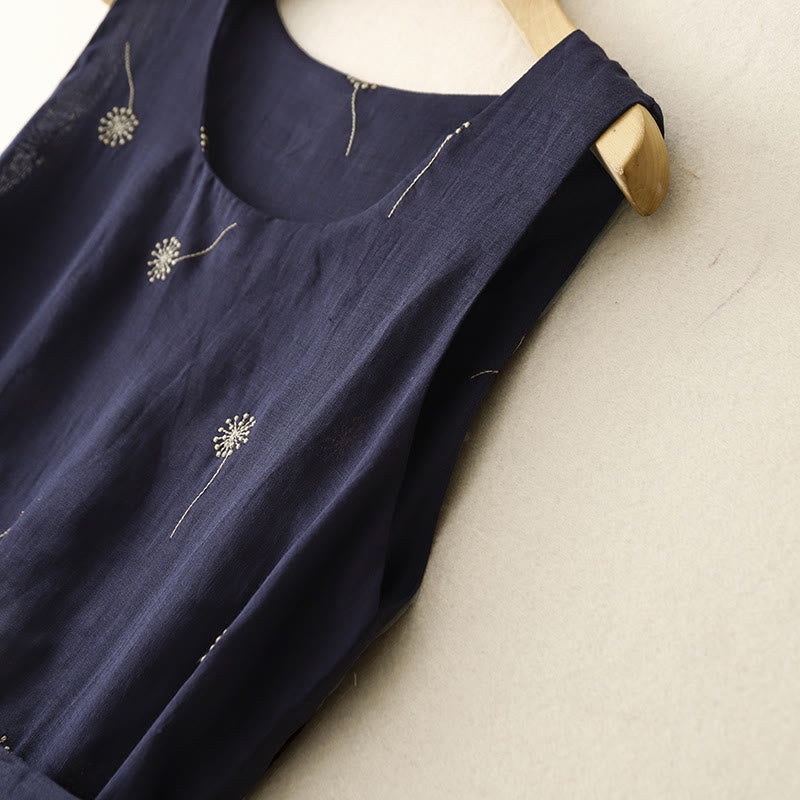 Vestido midi sin mangas de algodón con estampado de Buddha Stones en azul medianoche, diseño con cordones y bolsillos. - image 3