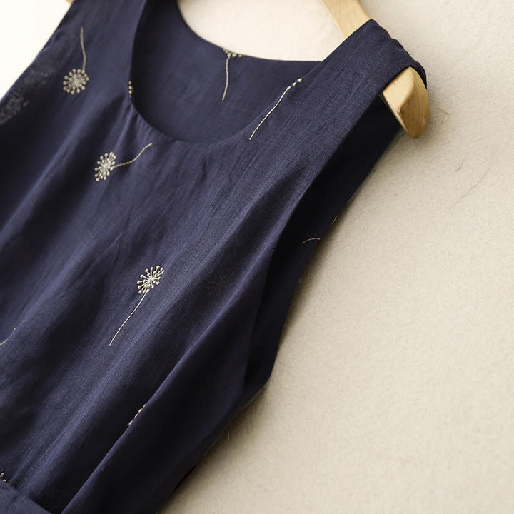 Vestido midi sin mangas de algodón con estampado de Buddha Stones en azul medianoche, diseño con cordones y bolsillos. - image 3