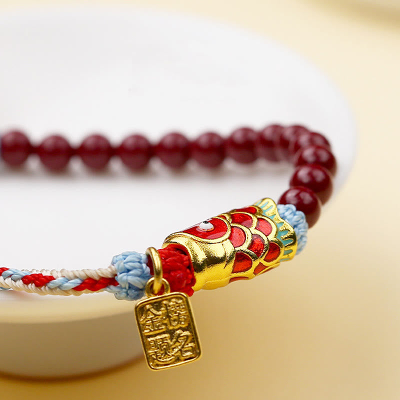 Pulsera de bendición de peces koi de la suerte con cuentas de cinabrio y Buddha Stones
