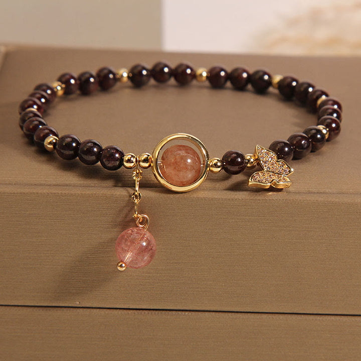 Pulsera de mariposa de cuarzo fresa y granate ultrafino de 3 mm con Buddha Stones