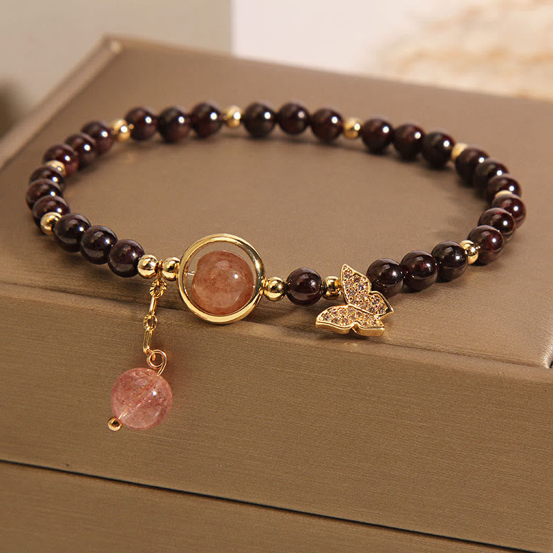 Pulsera de mariposa de cuarzo fresa y granate ultrafino de 3 mm con Buddha Stones