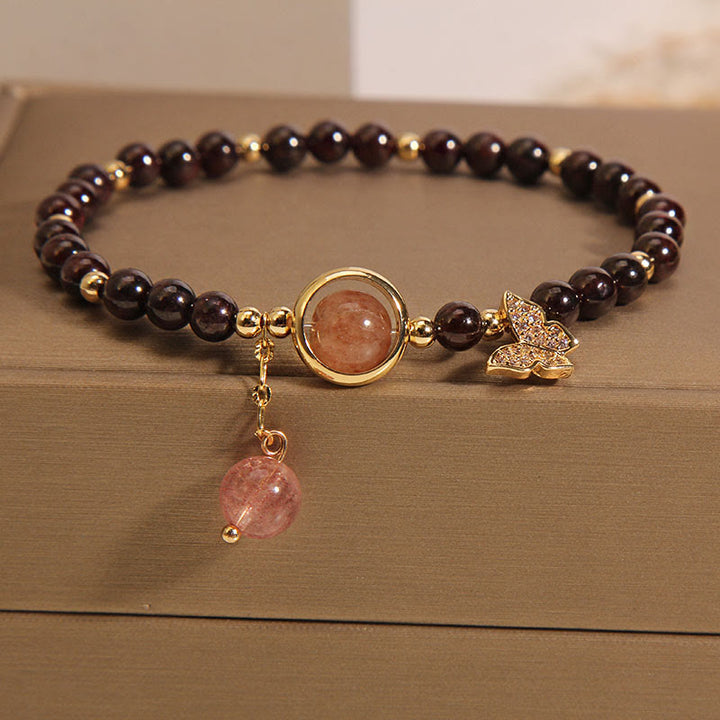Pulsera de mariposa de cuarzo fresa y granate ultrafino de 3 mm con Buddha Stones