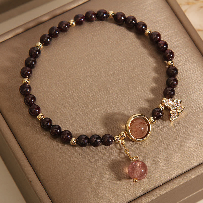 Pulsera de mariposa de cuarzo fresa y granate ultrafino de 3 mm con Buddha Stones