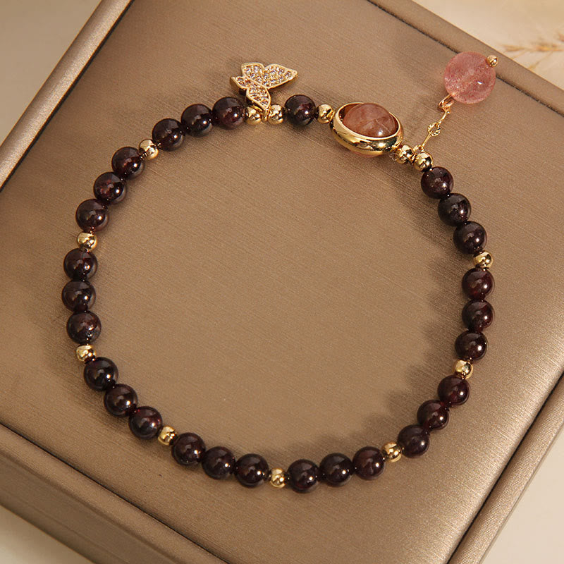 Pulsera de mariposa de cuarzo fresa y granate ultrafino de 3 mm con Buddha Stones