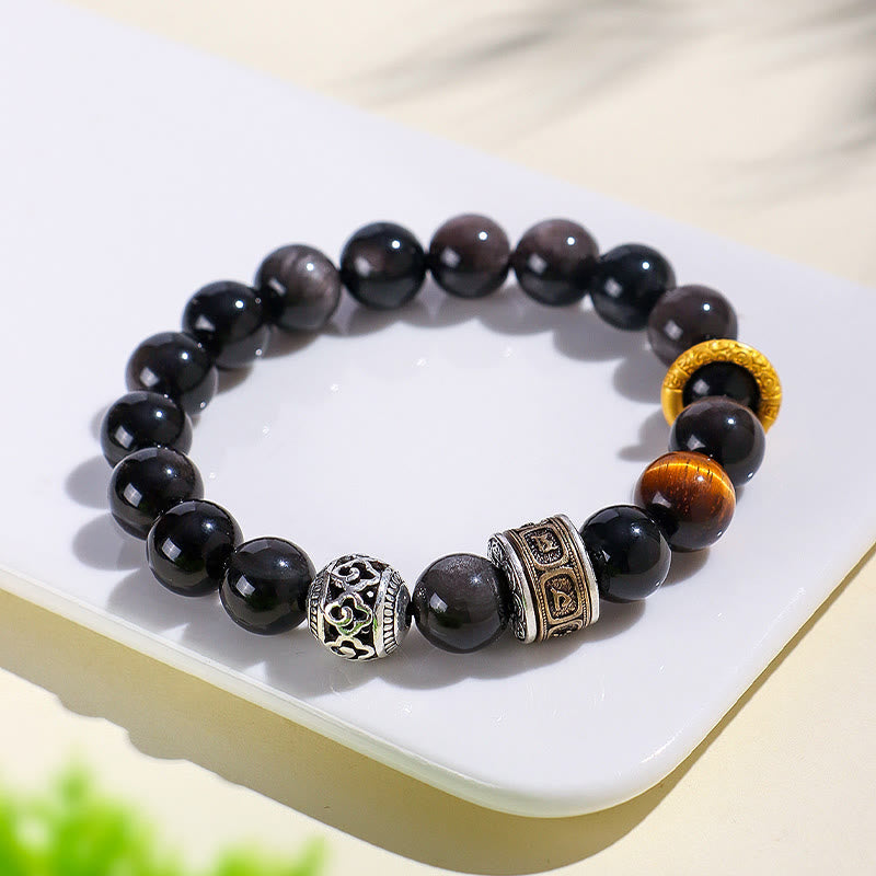 Pulsera de protección Om Mani Padme Hum con obsidiana, ojo de tigre y Buddha Stones con brillo plateado