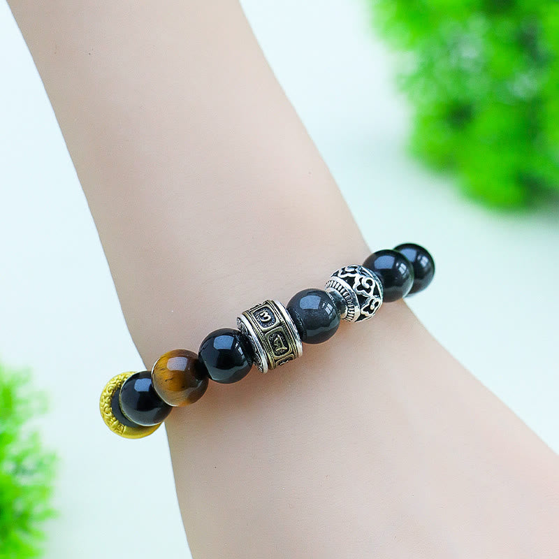 Pulsera de protección Om Mani Padme Hum con obsidiana, ojo de tigre y Buddha Stones con brillo plateado