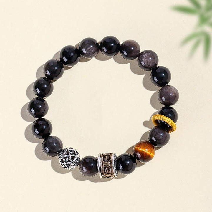 Pulsera de protección Om Mani Padme Hum con obsidiana, ojo de tigre y Buddha Stones con brillo plateado