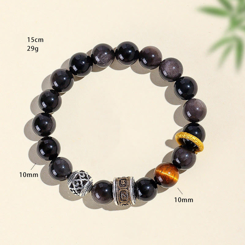 Pulsera de protección Om Mani Padme Hum con obsidiana, ojo de tigre y Buddha Stones con brillo plateado