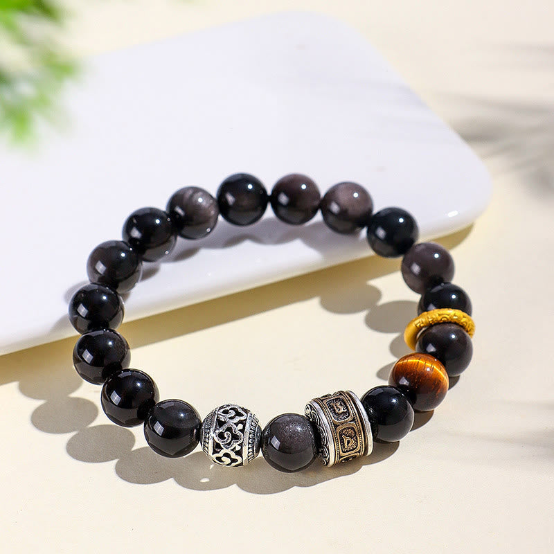 Pulsera de protección Om Mani Padme Hum con obsidiana, ojo de tigre y Buddha Stones con brillo plateado