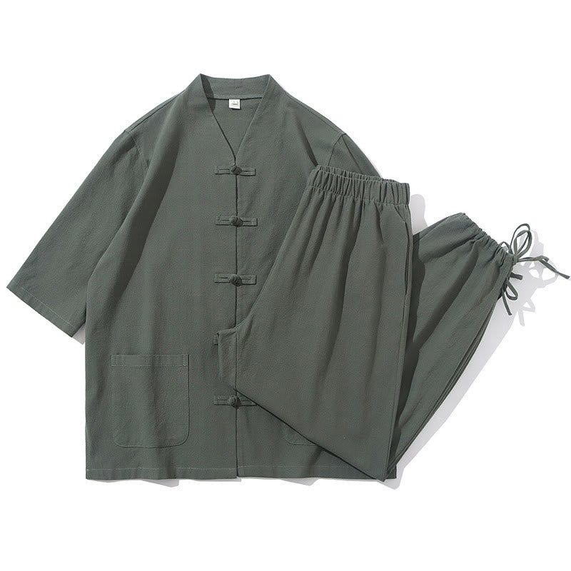 Conjunto de 2 Buddha Stones de traje Tang con diseño de rana y botones, camisa y pantalones con bolsillos, de algodón y lino, para meditación de hombre.