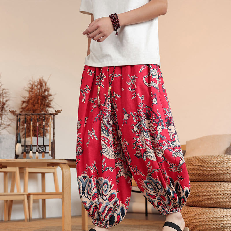 Pantalones harén de algodón con estampado de dragón y Buddha Stones para hombre, hasta el tobillo, con bolsillos - Rojo - US/UK/AU46, EU56 (5XL) - image 11