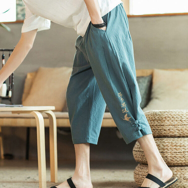 Pantalones harén cortos de algodón con bordado de grullas y Buddha Stones para hombre con bolsillos - Azul cadete - US/UK/AU46, EU56 (5XL) - image 0