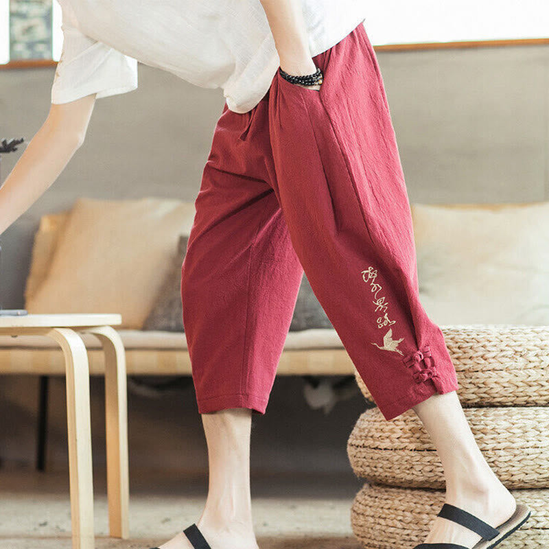 Pantalones harén cortos de algodón con bordado de grullas y Buddha Stones para hombre con bolsillos - Rojo - US/UK/AU46, EU56 (5XL) - image 32