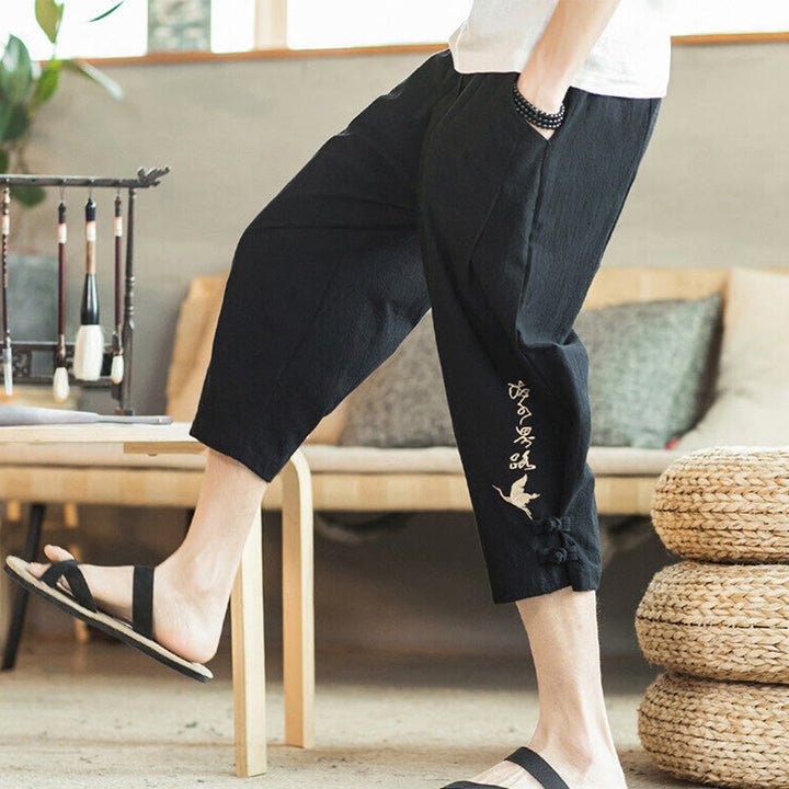 Pantalones harén cortos de algodón con bordado de grullas y Buddha Stones para hombre con bolsillos - Negro - US/UK/AU46, EU56 (5XL) - image 22