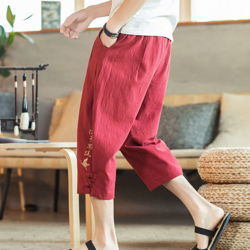 Pantalones harén cortos de algodón con bordado de grullas y Buddha Stones para hombre con bolsillos - image 33