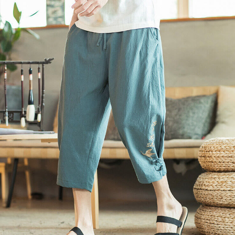 Pantalones harén cortos de algodón con bordado de grullas y Buddha Stones para hombre con bolsillos - image 1