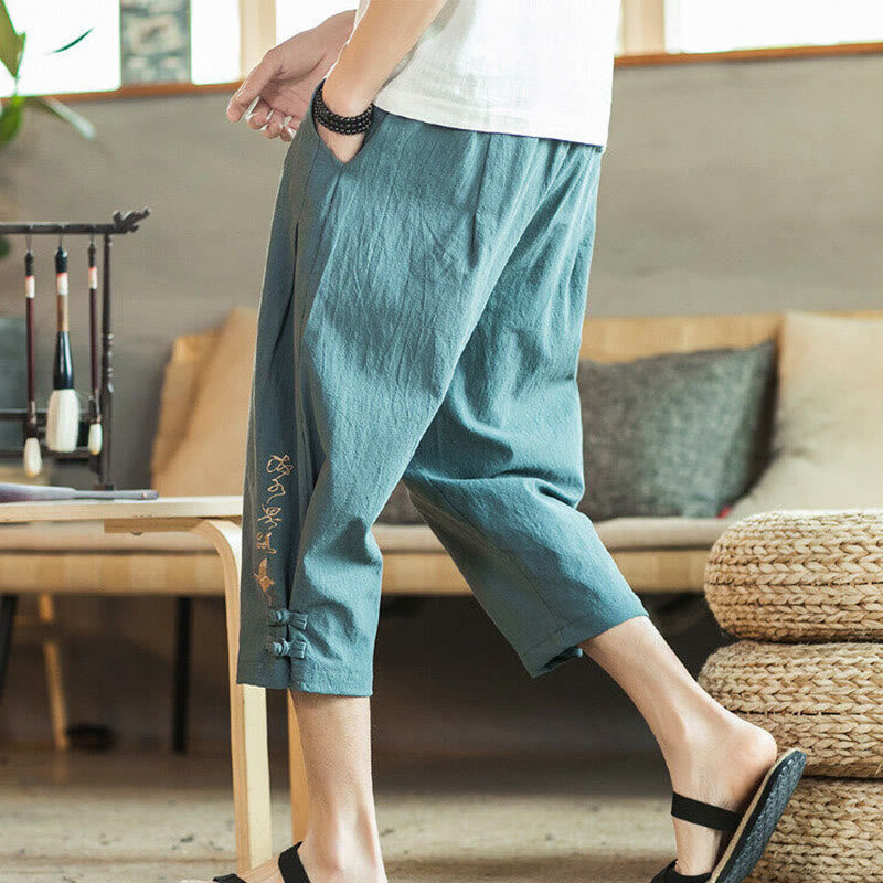 Pantalones harén cortos de algodón con bordado de grullas y Buddha Stones para hombre con bolsillos - image 3