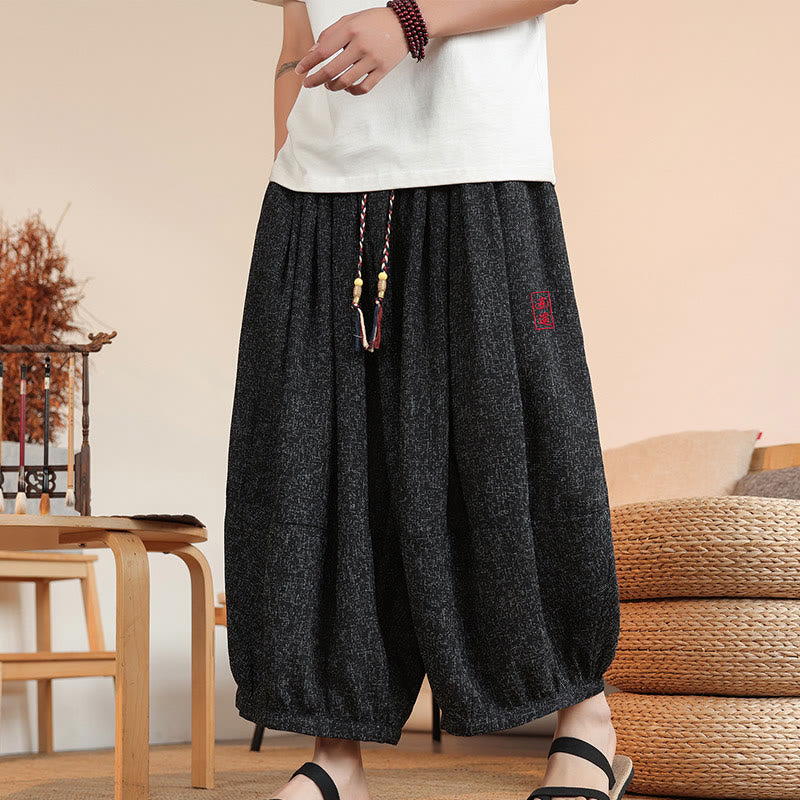 Pantalones harén cortos hasta el tobillo con bordado de personajes de verano de Buddha Stones y cordón ajustable para hombre con bolsillos