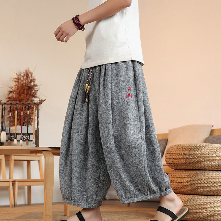 Pantalones harén cortos hasta el tobillo con bordado de personajes de verano de Buddha Stones y cordón ajustable para hombre con bolsillos - Gris - US/UK/AU46, EU56 (5XL) - image 0